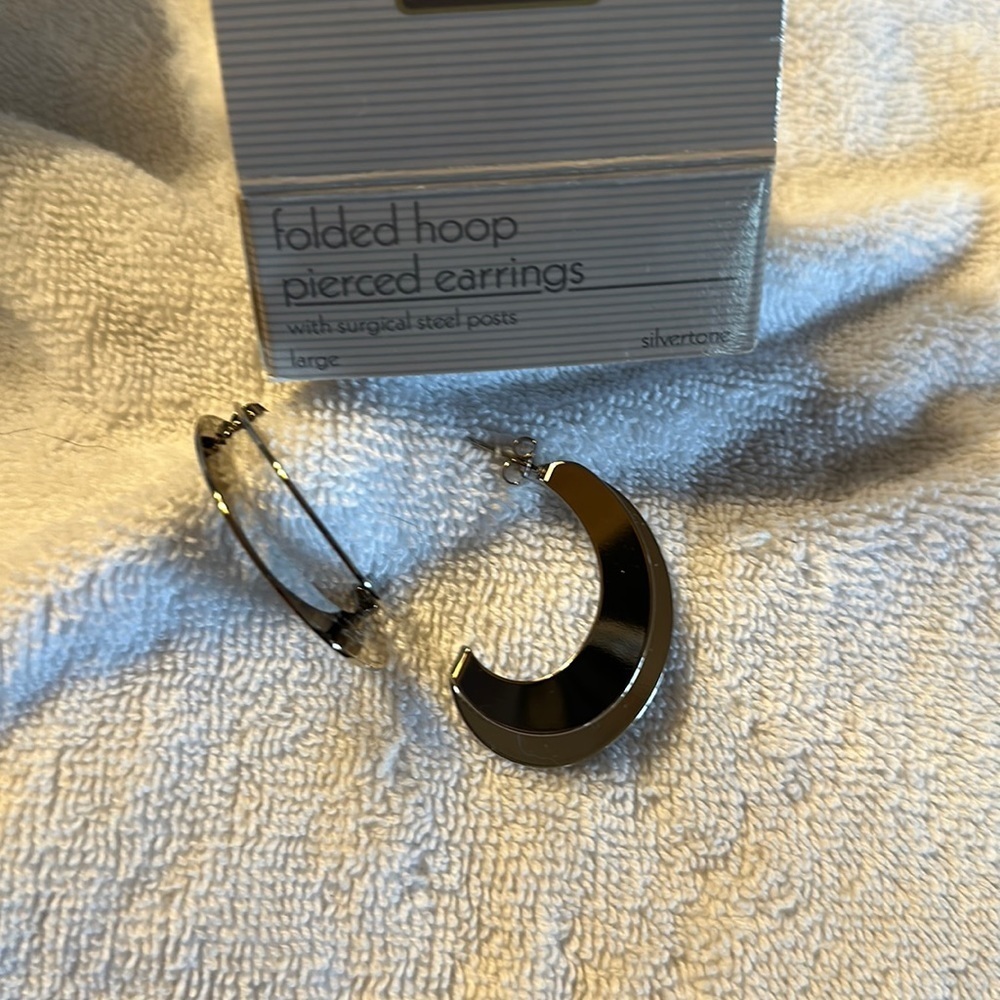 Avon Vintage 1991 Folded Hoop Large Silver Pierced Earrings